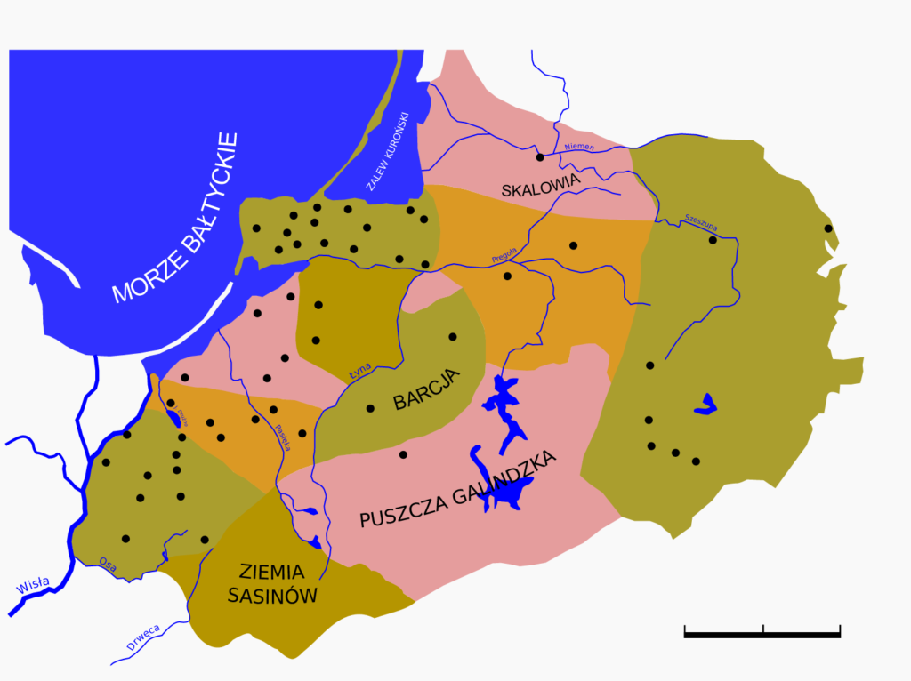 Mapa Podział plemienny Prus w XIII w. wg H. Łowmiańskiego