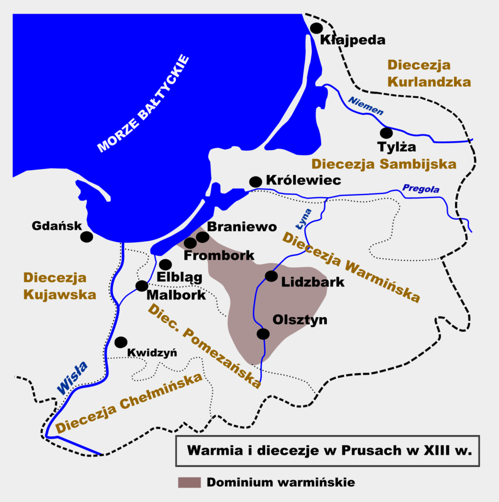 Mapa Warmia i jej diecezje w Prusach w XIII w.